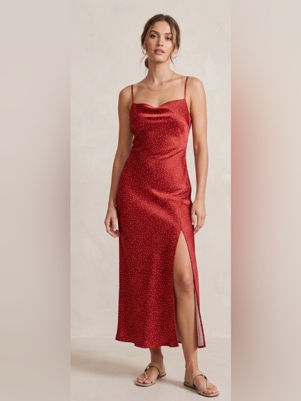 Red Polka Dot Maxi Slip Dress with Side Slit